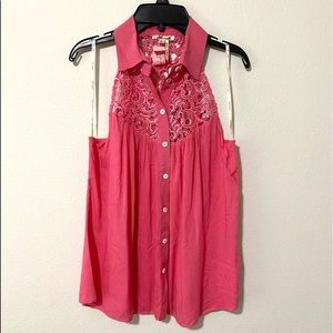 Marine Blu, Pink Sleeveless Crochet Button Up Sm